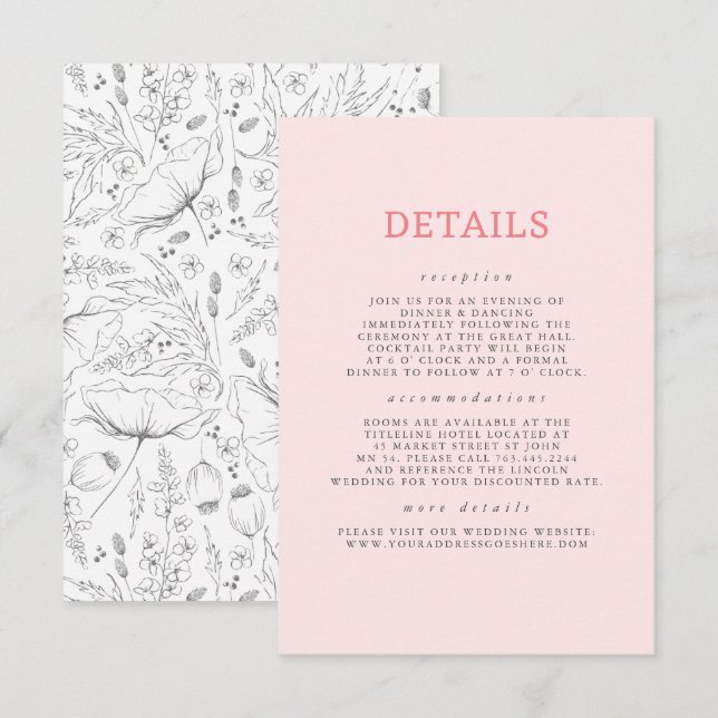 Uppgifter om handritade Wildblommor Mönster Bröllo Tilläggskort (Fram/baksida)