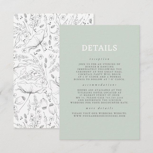 Uppgifter om handritade Wildblommor Mönster Bröllo Tilläggskort (Fram/baksida)