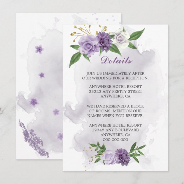 Uppgifter om lila blommor greenery tilläggskort (Fram/baksida)