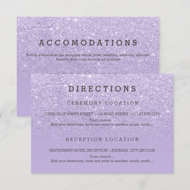 Uppgifter om lila lavender glitter bröllop inbjudningar (Fram/baksida)