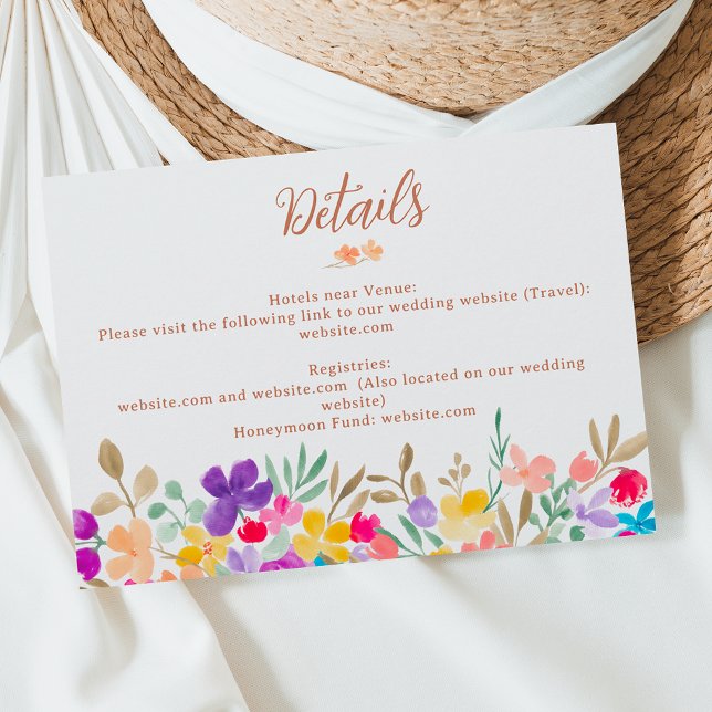 Uppgifter om målade trädgårdsblommor, skript bröll tilläggskort (Painted garden wildflowers script wedding details enclosure card)