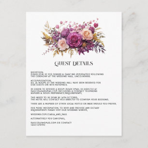 Uppgifter om Mauve och Guld Blommigt Bröllop Guest Tilläggskort