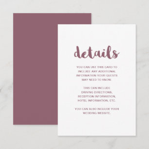 Uppgifter om Mauve och White Bröllop Guest Tilläggskort