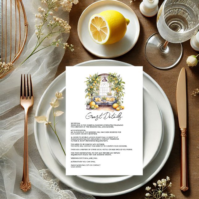 Uppgifter om medelmåttiga Bröllop-gäster Tilläggskort (Mediterranean Lemon-Themed Wedding Guest Details Enclosure Card)