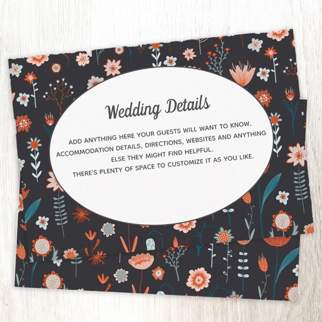 Uppgifter om Mörken Bröllop i Skandinaviska sommar Tilläggskort (Wedding enclosure card with scandinavian dark floral pattern)
