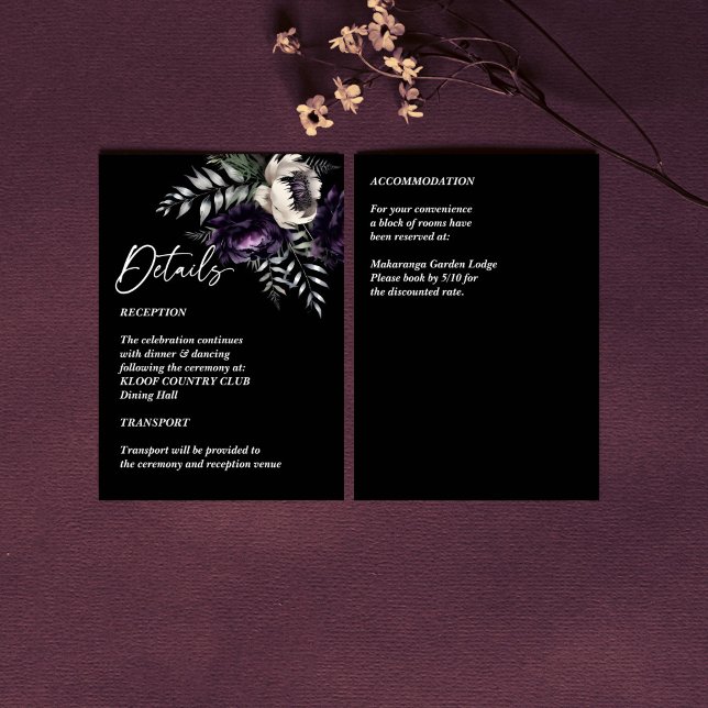 Uppgifter om mörkens moody lila bröllop tilläggskort (Dark moody purple peonies wedding details enclosure card)