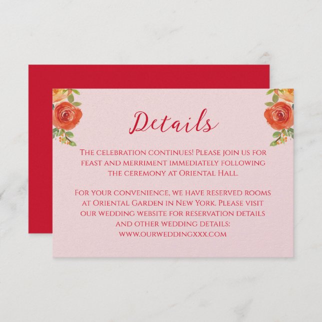 Uppgifter om orange gula blommor kinesiska bröllop tilläggskort (Fram/baksida)