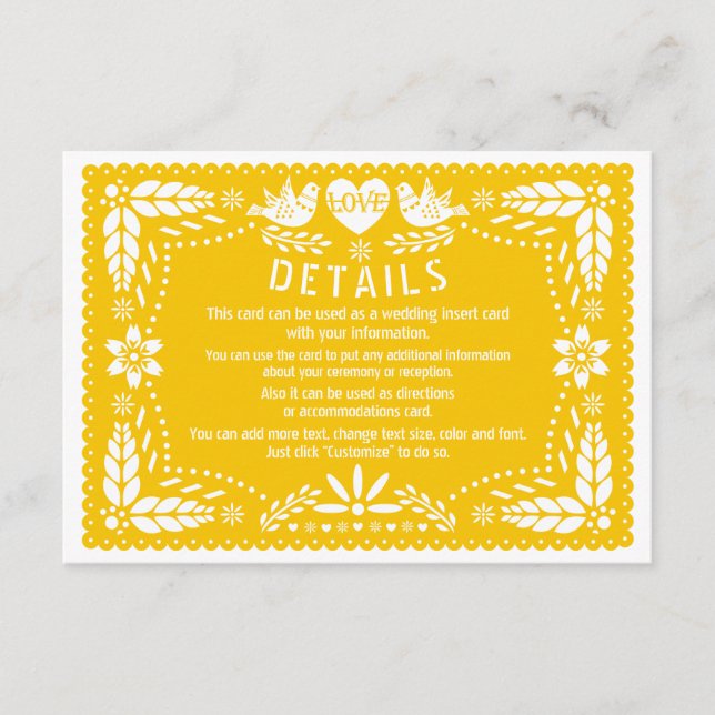 Uppgifter om Papel picado love birds gult bröllop Tilläggskort (Framsida)