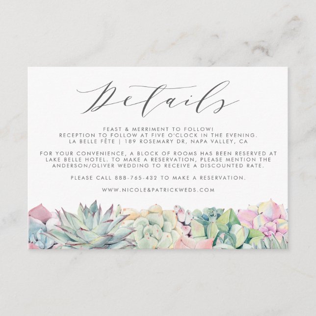 Uppgifter om Pastel Succulents Garland Bröllop Tilläggskort (Framsida)