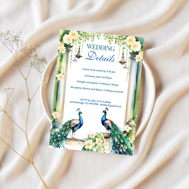 Uppgifter om Peacock jasmine Indian bröllop OSA ko Inbjudningar (Indian wedding RSVP wedding details card template instant digital download peacock jasmine garden)