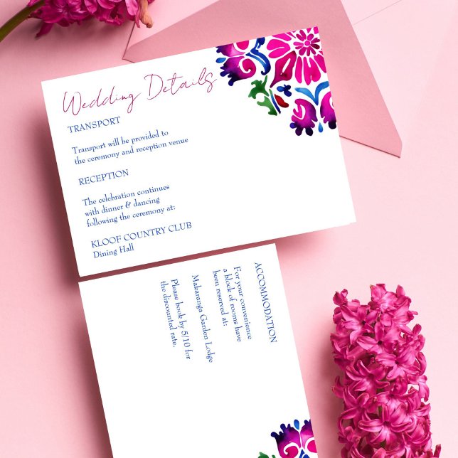Uppgifter om rosa blå mexikanska Talavera-plattor  Tilläggskort (Pink blue Mexican Talavera tiles Spanish wedding details Enclosure Card)