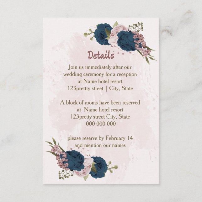 Uppgifter om rosa blåa blommor bröllop tilläggskort (Framsida)