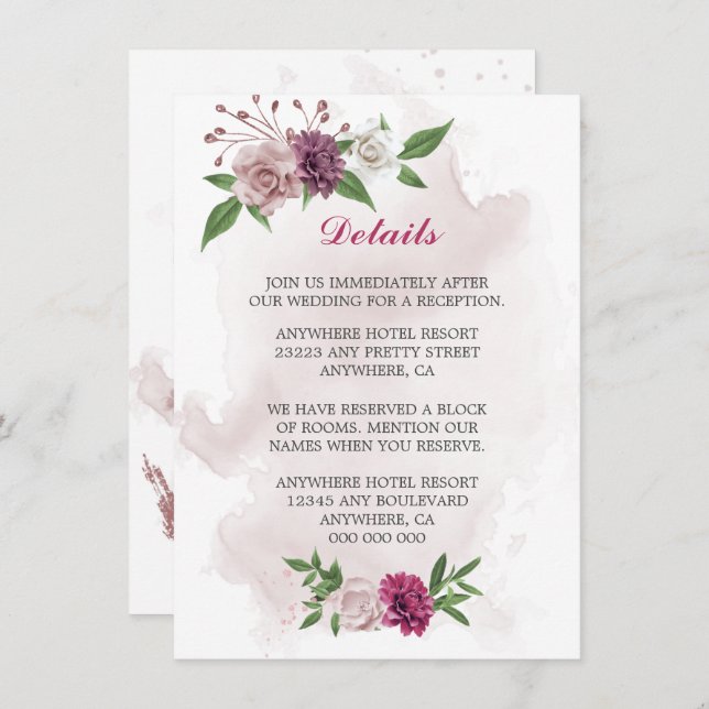 Uppgifter om rosa mauf-blommor tilläggskort (Fram/baksida)