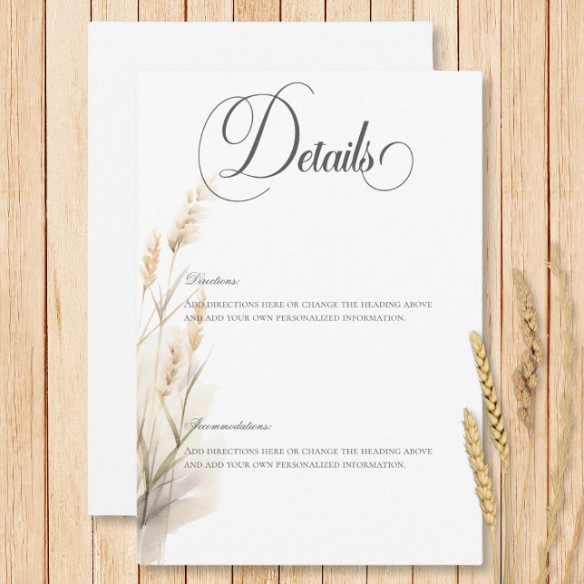 Uppgifter om Rustic Boho Torte Tan Grass Bröllop Tilläggskort (Rustic Boho Dried Tan Grass Wedding Details Enclosure Card)