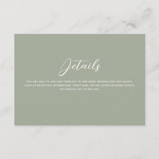 Uppgifter om Sage Grönt Guld Lovebird Bröllop Tilläggskort (Framsida)