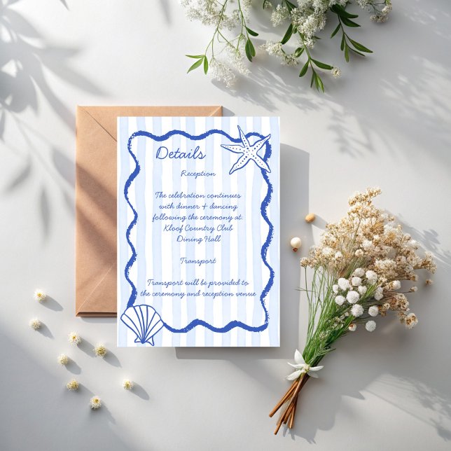 Uppgifter om strandbröllop i Seashells blue vågigt Tilläggskort (Seashells blue wavy border beach wedding invitation details enclosure cards)
