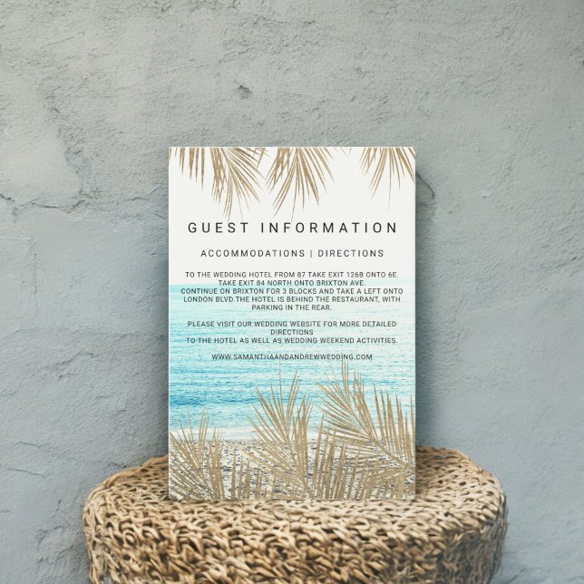 Uppgifter om stranden vid den moderna stranden gul tilläggskort (Modern gold palm tree beach insert details wedding)