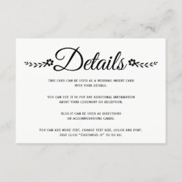 Uppgifter om svart elegant, typografi, bröllop tilläggskort