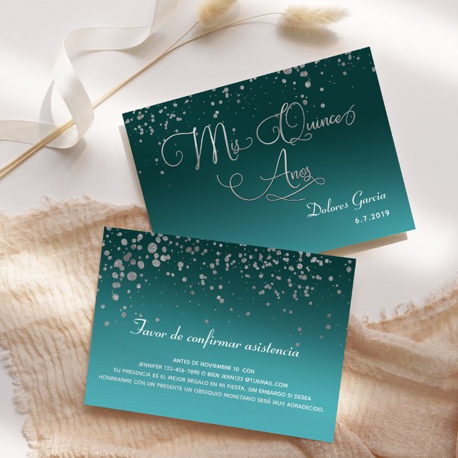 Uppgifter om Teal Silver OSA Mis Quince Anos Spans Inbjudningar (Skapare uppladdad)
