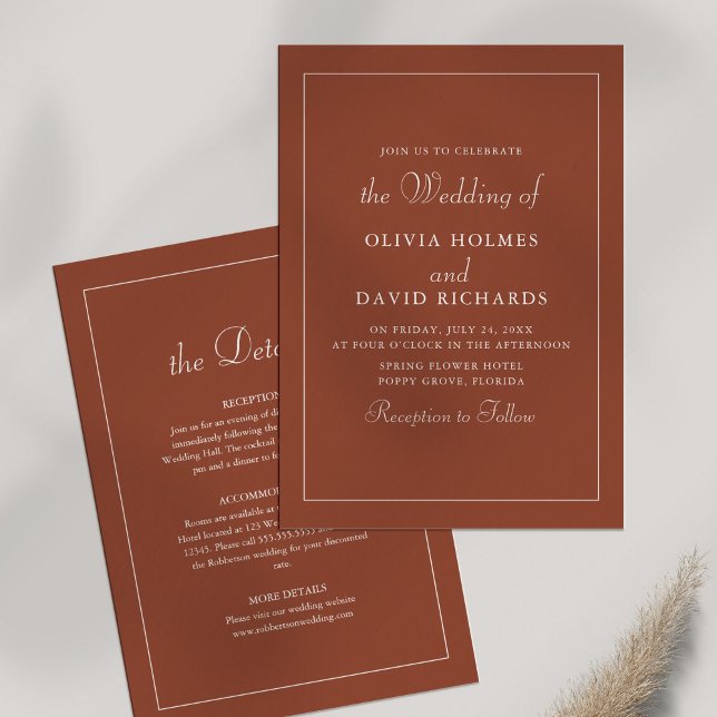 Uppgifter om Terracotta Modern Minimalist Bröllop Inbjudningar (Terracotta Modern Minimalist Wedding Details Invitation on white background.)