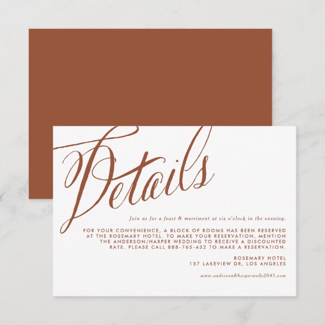 Uppgifter om Terracotta Rustic Calligraphy Bröllop Tilläggskort (Fram/baksida)