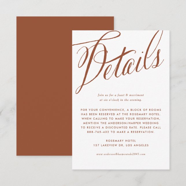 Uppgifter om Terracotta Rustic Calligraphy Bröllop Tilläggskort (Fram/baksida)