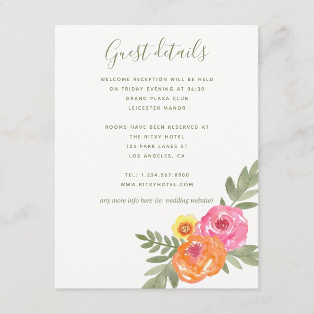 Uppgifter om vår bröllop vattenfärblommor Guest Tilläggskort (Framsida)