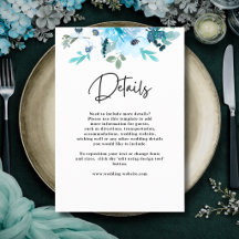 Uppgifter om vit dammblått blommigt bröllop