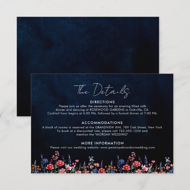 Uppgifter om Wildblomc Rustic Boho Blommigt Navy B Tilläggskort (Fram/baksida)