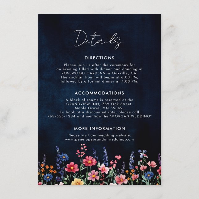 Uppgifter om Wildblomc Rustic Boho Blommigt Navy B Tilläggskort (Framsida)
