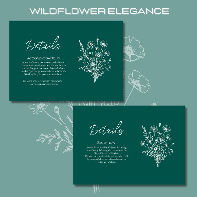 Uppgifter om Wildblome Elegance Bröllop - uppgifte Tilläggskort (Wildflower Elegance Wedding Details-Emerald Green-Rustic, Country, Bohemian)