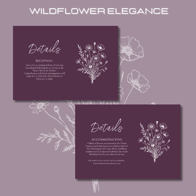 Uppgifter om Wildblome Elegance Bröllop - uppgifte Tilläggskort (Wildflower Elegance Wedding Details Purple-Rustic, Country, Bohemian)