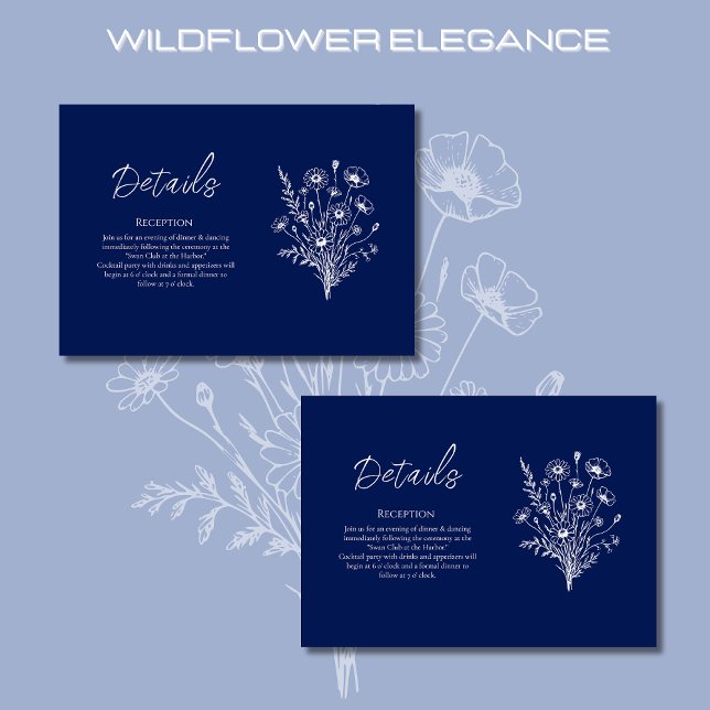 Uppgifter om Wildblome Elegance-Bröllop - uppgifte Tilläggskort (Wildflower Elegance-Wedding Details-Blue Rustic Bohemian Country)