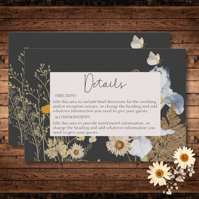 Uppgifter om Wildblommor på Charcol Bröllop Tilläggskort (Wildflowers on Charcoal Wedding Details Enclosure Card)