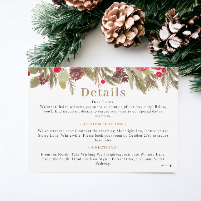 Uppgifter om Winter gräs elegance red grönt Bröllo Tilläggskort (Winter pine elegance red green Wedding details Enclosure Card)