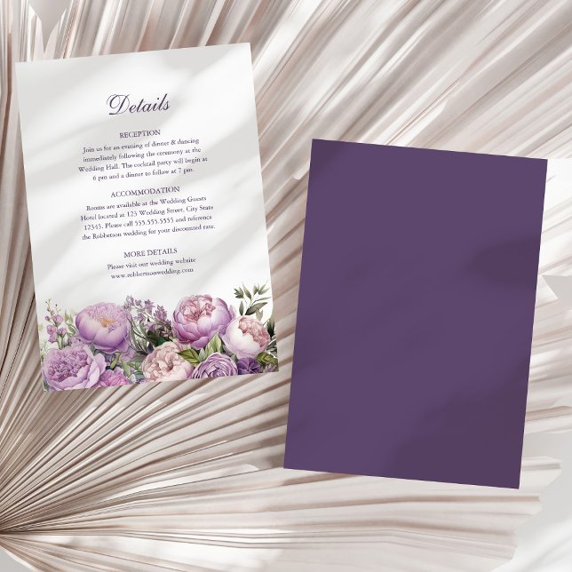 Uppgiftskort för Boho Lilac Peonies Bröllop Inbjudningar (Boho Lilac Peonies Wedding Details Card on a boho neutral dry palm leaf.)