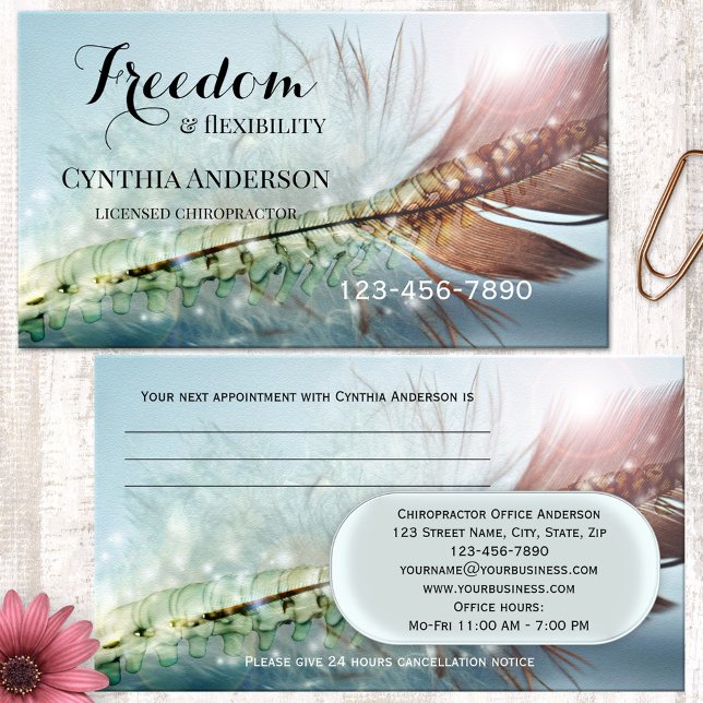 Uppgiftskort för Feather Light Chiropractor Tidsbeställning Kort (Artistic chiropractor appointment business card featuring a feather design with a spine image)