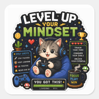 Uppgradera Din Mentalitet – Pixel Gamer Katt Fyrkantigt Klistermärke