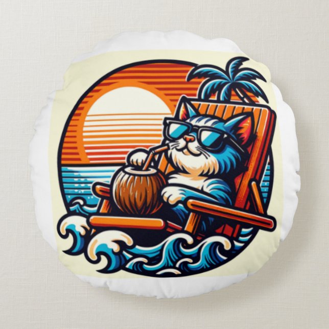 Uppgradera ditt space med den här mysiga kattfylln rund kudde (Framsidan)