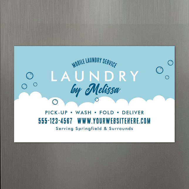 Upphämtningsservice för tvätt Blå och vit magnetis (Promotional laundry service magnetic business cards in blue and white)