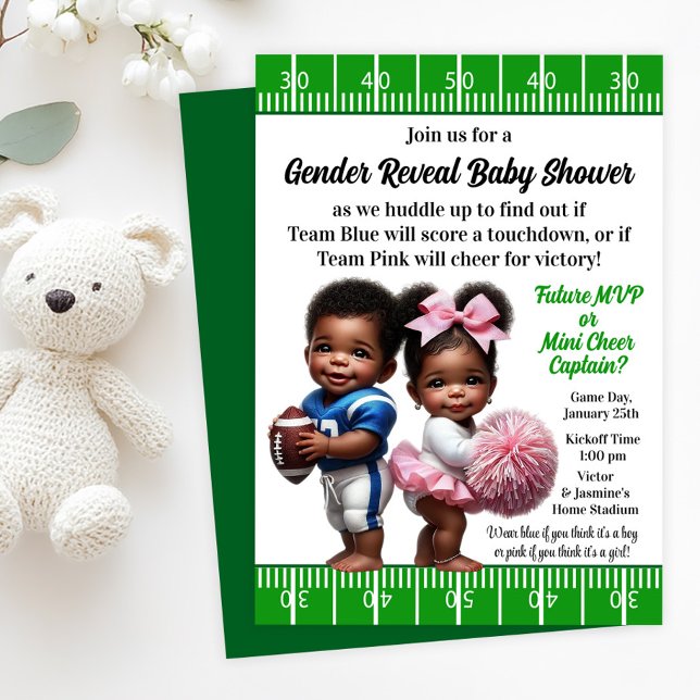 Upphävande av Genderna Football Reveal Inbjudningar (Football player and cheerleader gender reveal baby shower invitation. Simply add your details!)