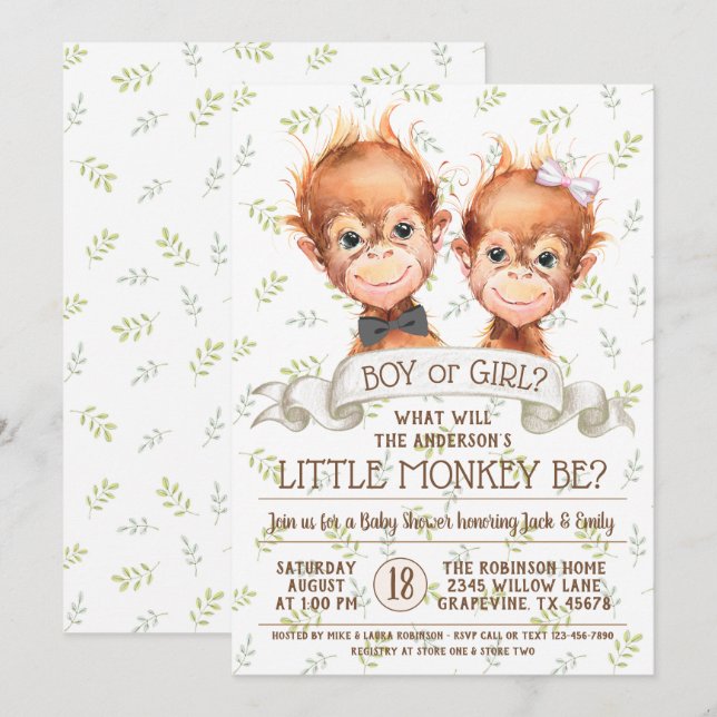 Upphävande av Genderna Watercolor Monkey Inbjudningar (Fram/baksida)