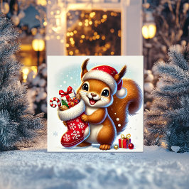 Upphetsad ekorre med festlig julstrumpa julkort