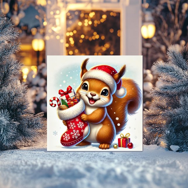 Upphetsad ekorre med festlig julstrumpa julkort (Skapare uppladdad)