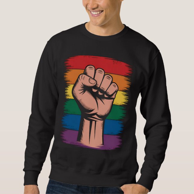 Upphöjd knytnäve stolthet regnbåge HBTQ-stöd rätti Lång Ärmad Tröja (Framsida)