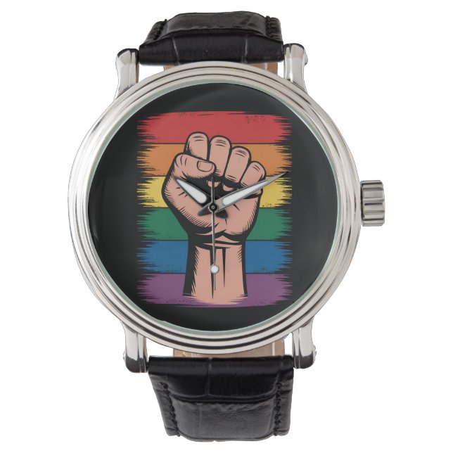 Upphöjd näve stolthet regnbåge HBTQ-stöd rättighet Armbandsur (Framsida)