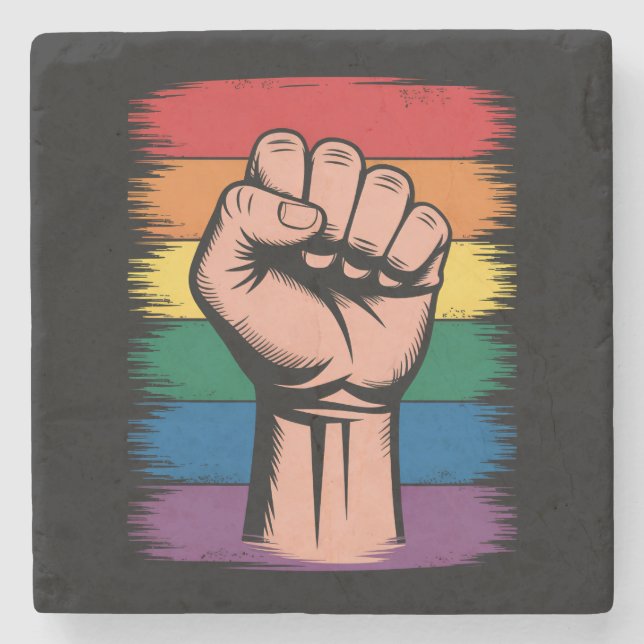 Upphöjd näve stolthet regnbåge HBTQ-stöd rättighet Stenunderlägg (Framsidan)