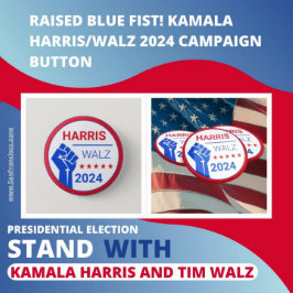 Upphöjt blåfist! Kamala Harris/Walz 2024 Kampanj Knapp