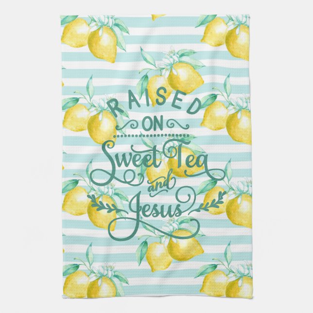 Upphöjt på Sweet Tea och Jesus | Lemon Mönster Kökshandduk (Vertikal)