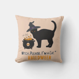 uppkopplad katt med häxhatt på halloween redigerba kudde